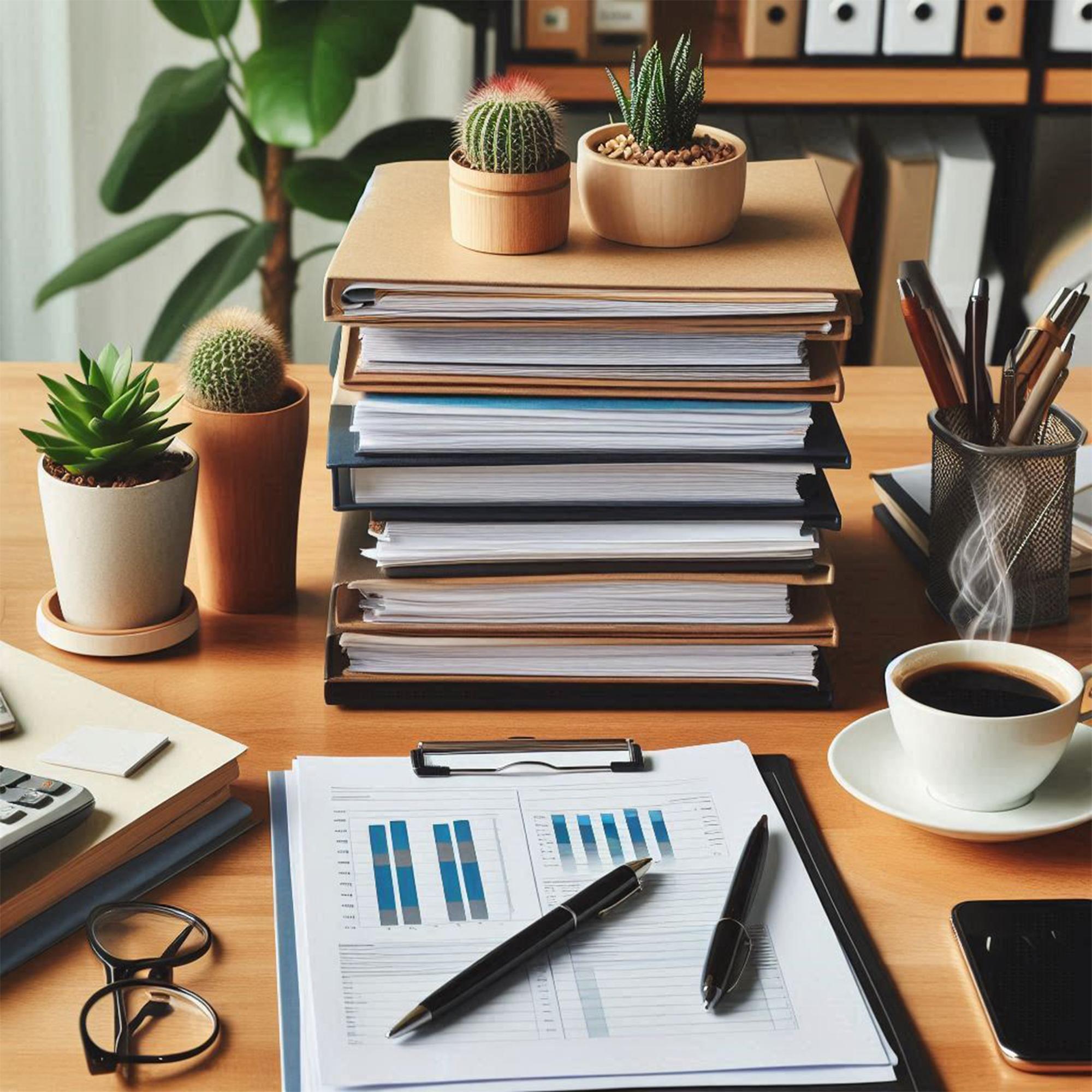 Arbeitsplatz mit Ordnern und Notizen zur Finanzplanung